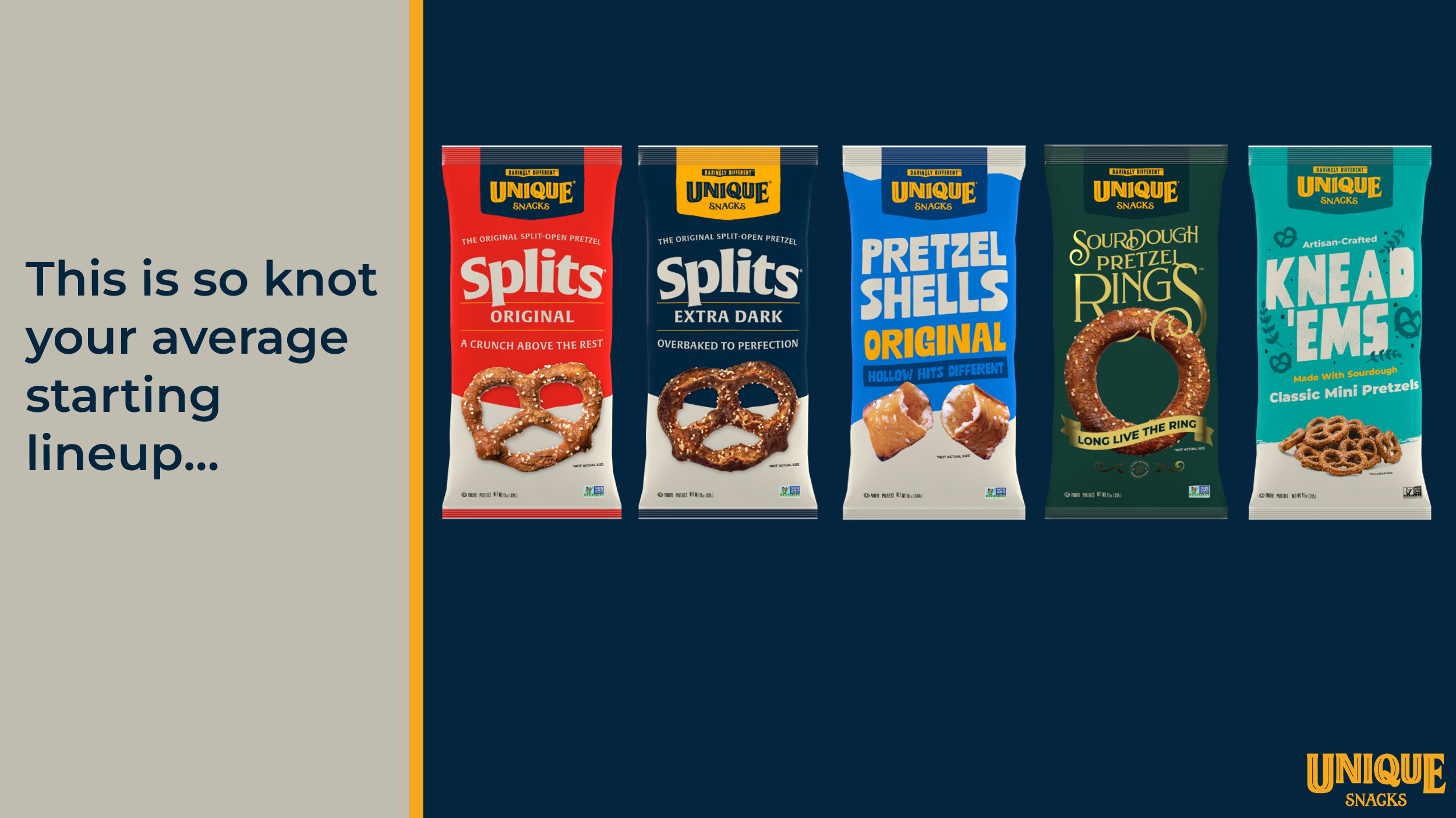 Complete Unique Snacks product lineup showing all varieties